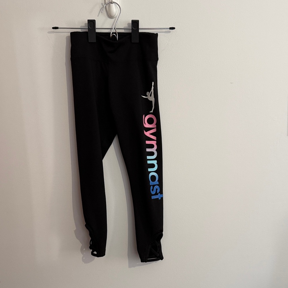 Justice Black Leggings with Colorful Gymnast Print